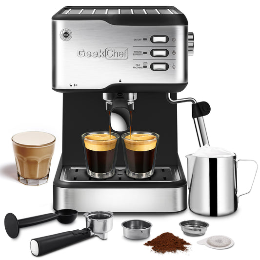 Machine à expresso Geek Chef, machine à expresso et cappuccino latte, machine à café 20 bars compatible avec les capsules ESE POD, filtre et mousseur à lait, baguette à vapeur, 950 W, réservoir d'eau de 1,5 L, interdiction sur Amazon 