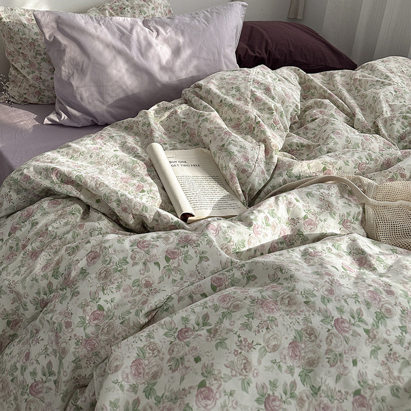 Juego de cama femenino de verano de 4 piezas con cama de algodón floral pequeña para jardín