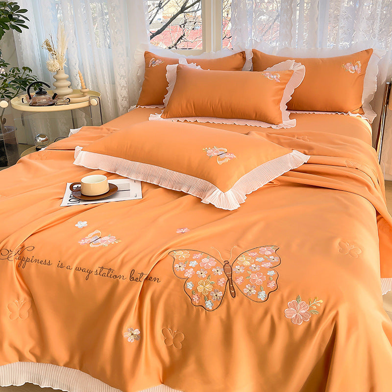 Korean Ice Silk Summer Quilt Four-piece Set Embroidery Lace Air Conditioning Cool Feeling Thin Duvet