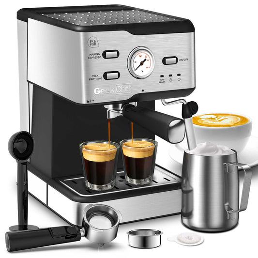 Máquina de café espresso Máquina de café para capuchino y latte a presión de 20 bares con filtro ESE POD, varilla de vapor y termómetro para espumador de leche, tanque de agua de 1,5 l, prohibición de espresso de acero inoxidable en Amazon