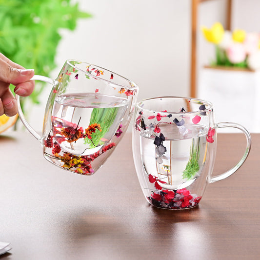 Tasse en verre à Double couche de sable mouvant de fleur séchée de lait de café de ménage créatif