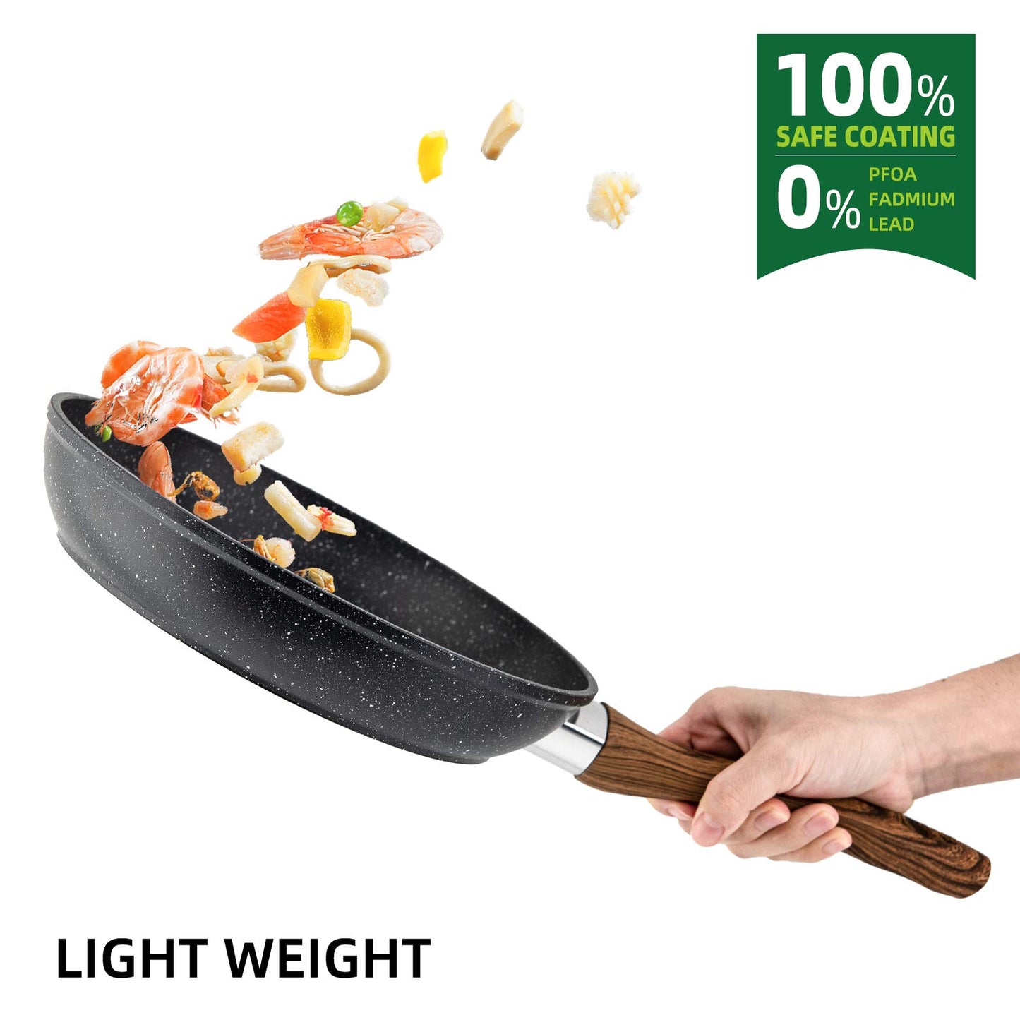 Ensemble de poêles à frire 3 pièces, casseroles antiadhésives, woks, batterie de cuisine, conception ergonomique résistante à la chaleur, poignée en bakélite effet bois, sans PFOA