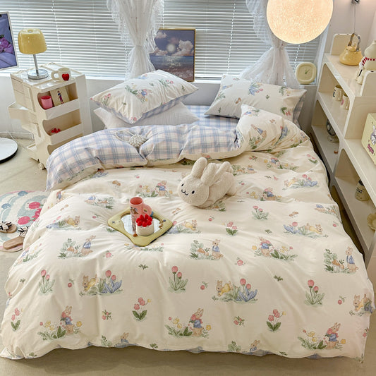 Cute Floral Rabbit Cotton Four-piece Set Pastoral Cotton Quilt Cover Bed Sheet Three-piece Set