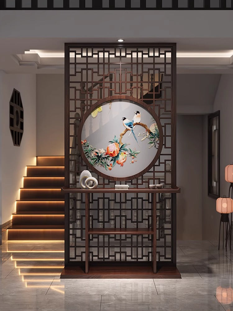 New Chinese Double-sided Su Embroidery Solid Wood Screen Partition Living Room Entrance Porch Table Modern Simple Lattice Block Decoration