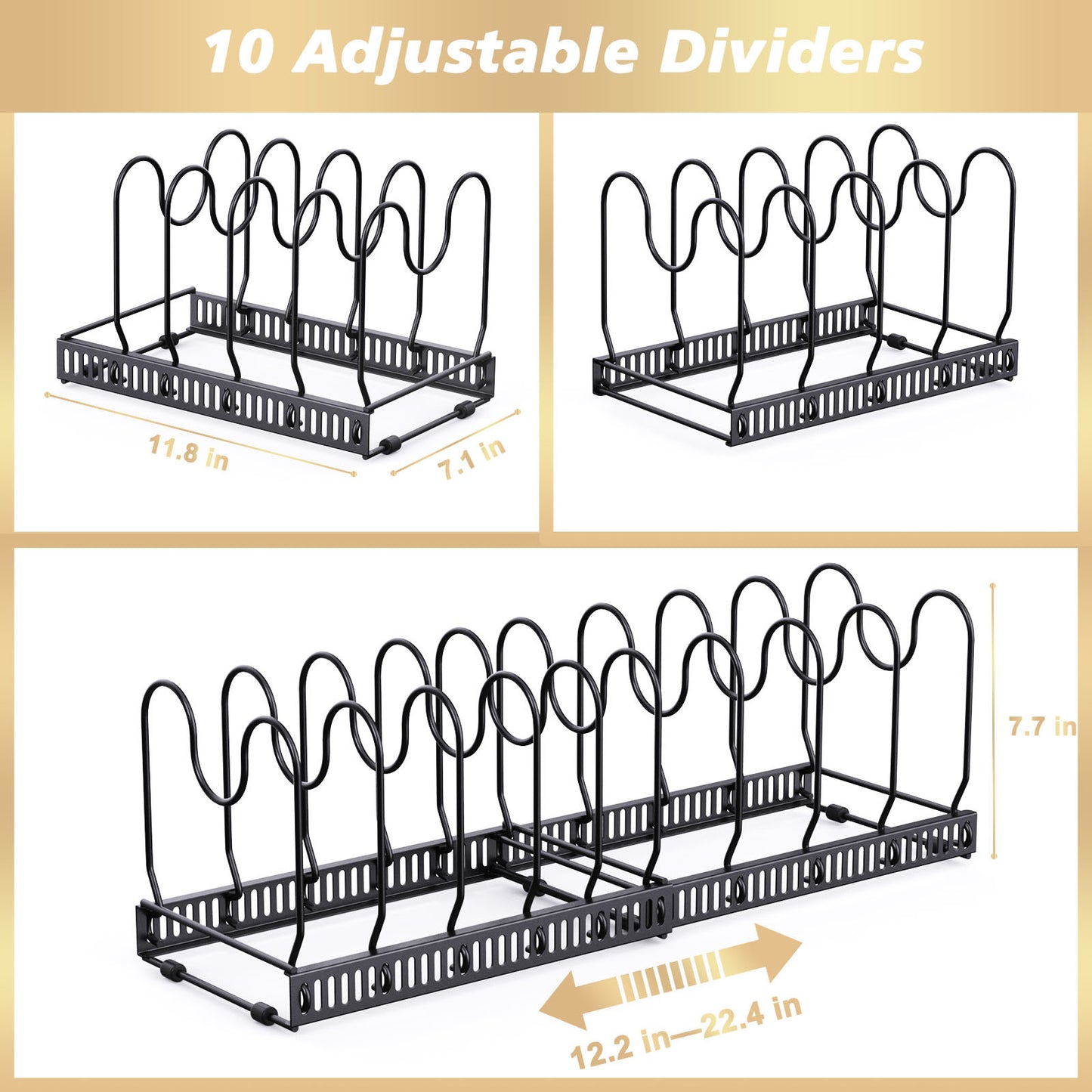 Support de rangement extensible pour casseroles, support de couvercle de casserole et de poêle avec 10 séparateurs réglables, rangement de couvercle de casserole pour ustensiles de cuisson, noir 