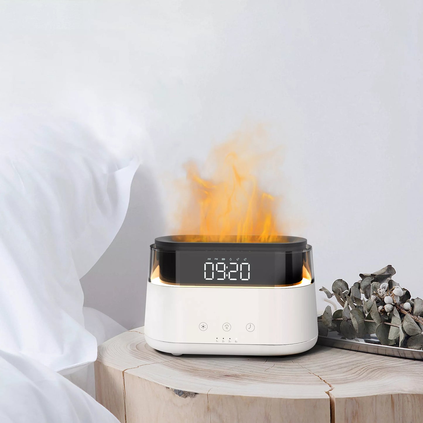 Reloj despertador elegante, difusor de aceite, humidificador de llama de simulación innovadora con función de temporizador, luz nocturna de llama, 2023