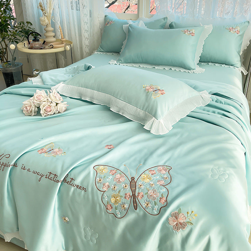 Korean Ice Silk Summer Quilt Four-piece Set Embroidery Lace Air Conditioning Cool Feeling Thin Duvet