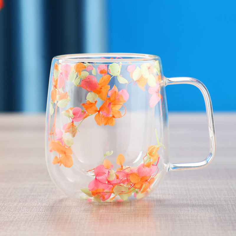 Dried Flower Double Layer Glass Cup Real Flower Cyber Celebrity Style Quicksand Cup