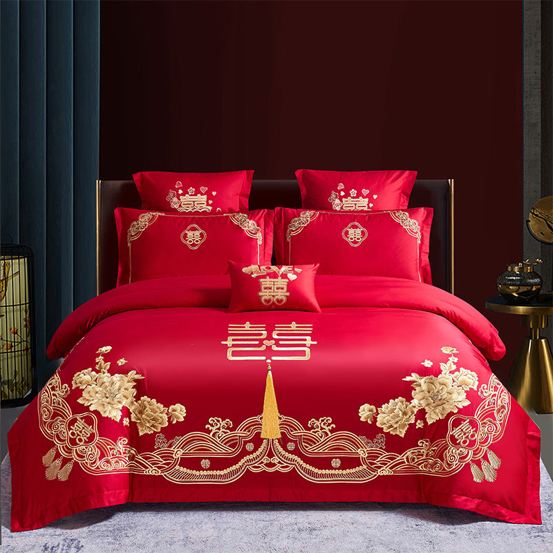 Ensemble de quatre pièces de mariage rouge, vente en gros, literie brodée en coton pur, lit de mariage Xi, housse de couette Dragon et phénix