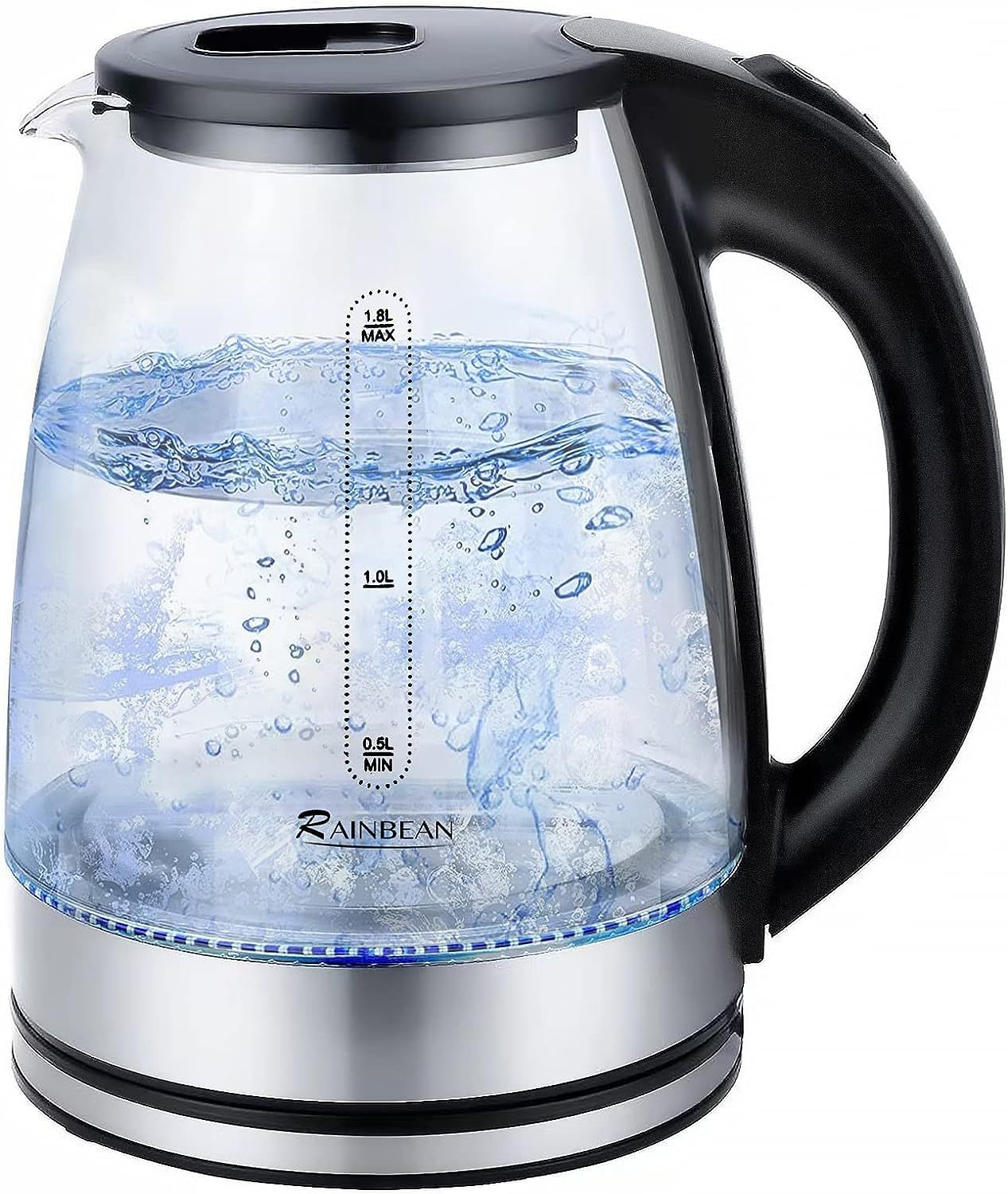 Hervidor eléctrico de agua, hervidor de té eléctrico de 1,8 l, caldera de agua caliente de apertura amplia con luz LED, apagado automático y protección de ebullición en seco, vidrio negro