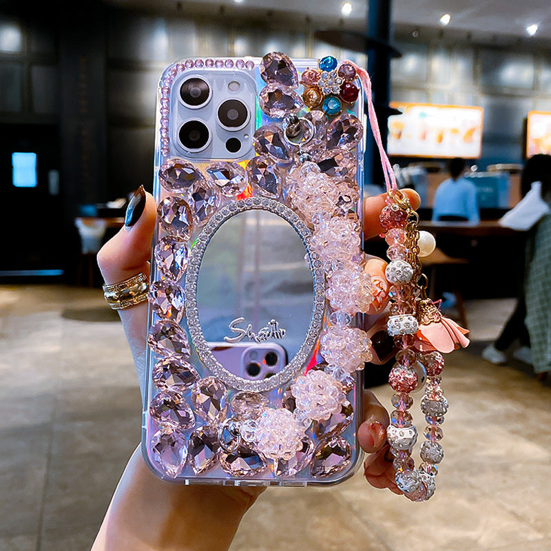 Funda para teléfono con espejo con incrustaciones de diamantes, moderna y creativa