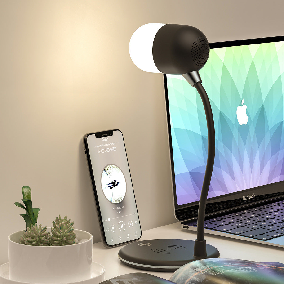 Lampe de bureau 3 en 1 avec chargeur sans fil Qi, haut-parleur Bluetooth 5W, USB, variable, pour chambre à coucher