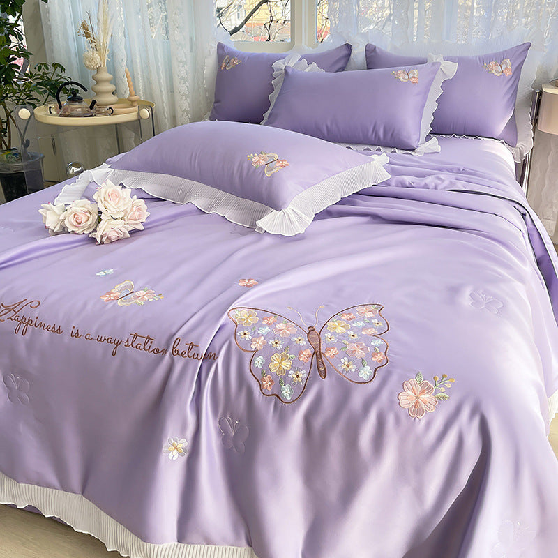 Korean Ice Silk Summer Quilt Four-piece Set Embroidery Lace Air Conditioning Cool Feeling Thin Duvet