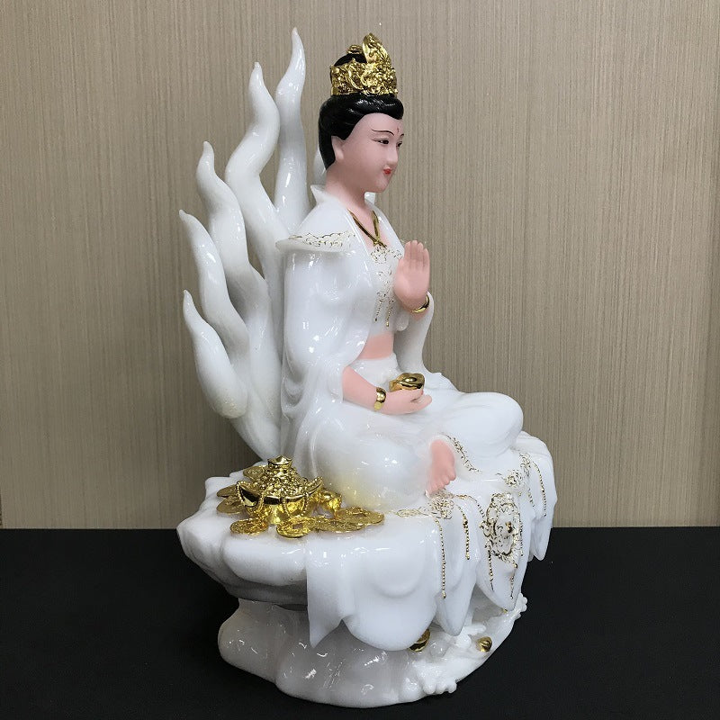 Nine Tail Female Fox Solid White Jade Home Worship Statue