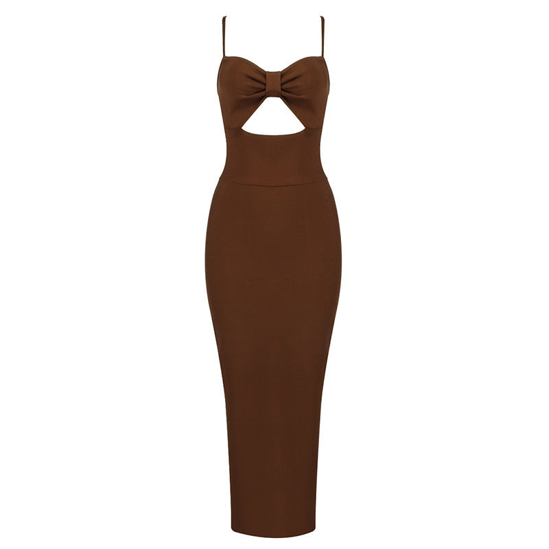 Fashion Waist Hollow Design New Sexy Solid Color V-Neck Halter Celebrity Party Club Bandage Long Dress