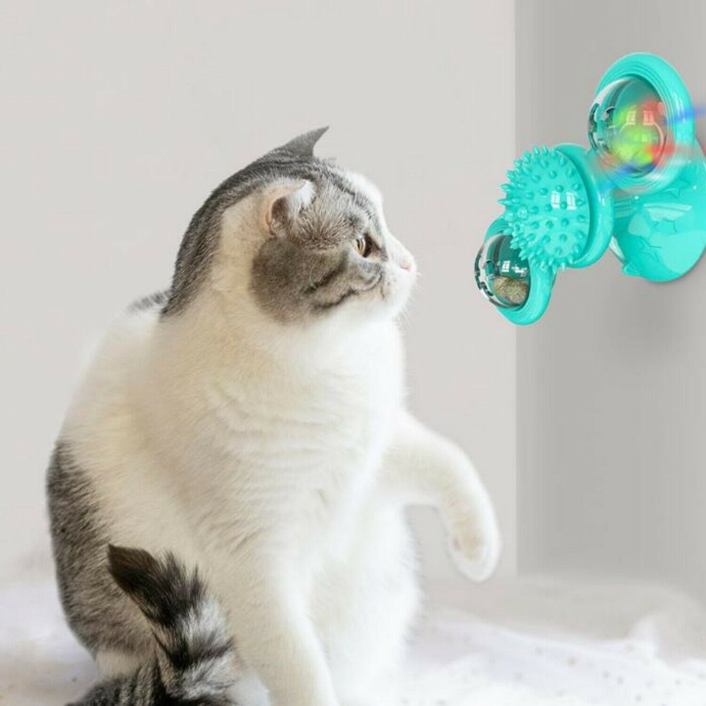 Nouveau moulin à vent pour chat, joli jouet interactif rotatif pour chat – Moulin à vent d'intérieur pour chat avec ventouse, herbe à chat et dents dentelées, boule centrale, jouet d'exercice rotatif pour chaton intelligent, brosse à dents et masseur 