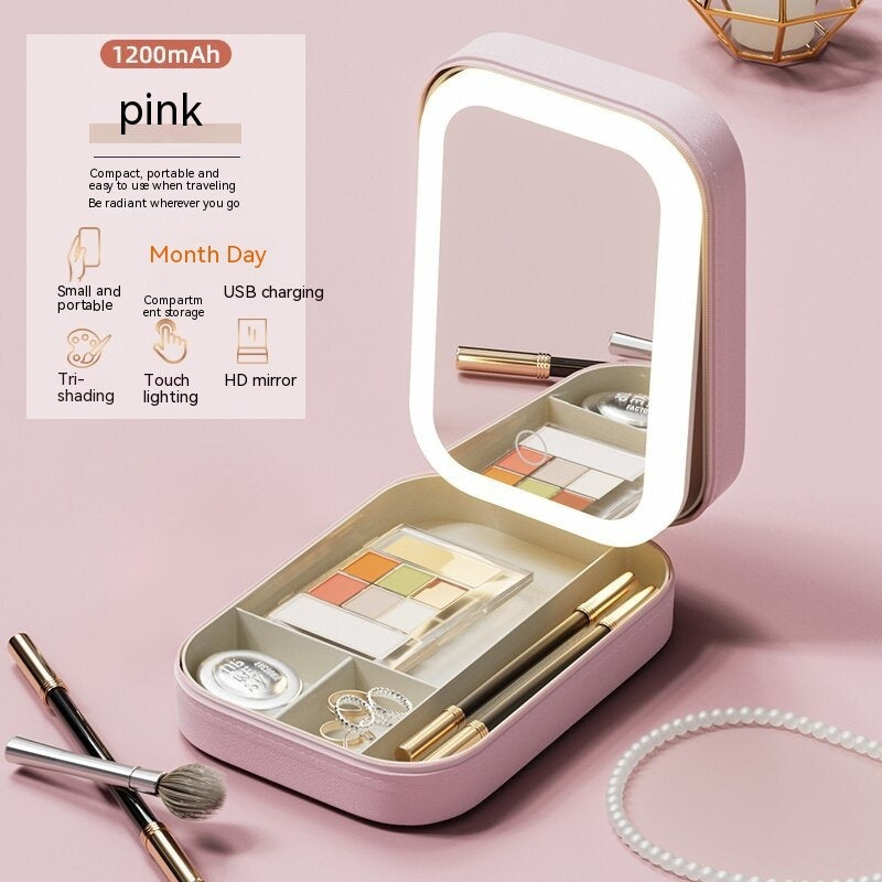 Boîte de rangement de maquillage avec miroir lumineux LED, boîte de rangement Portable de voyage pour cosmétiques et cosmétiques, organisateur de rangement à lumière tactile