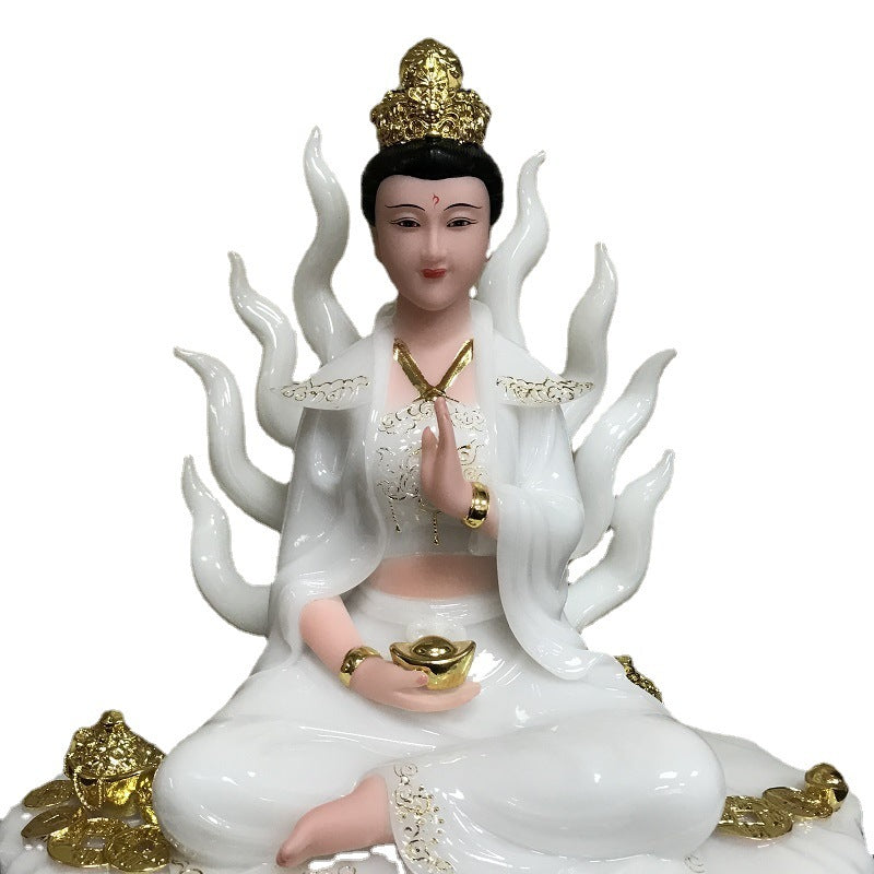 Nine Tail Female Fox Solid White Jade Home Worship Statue