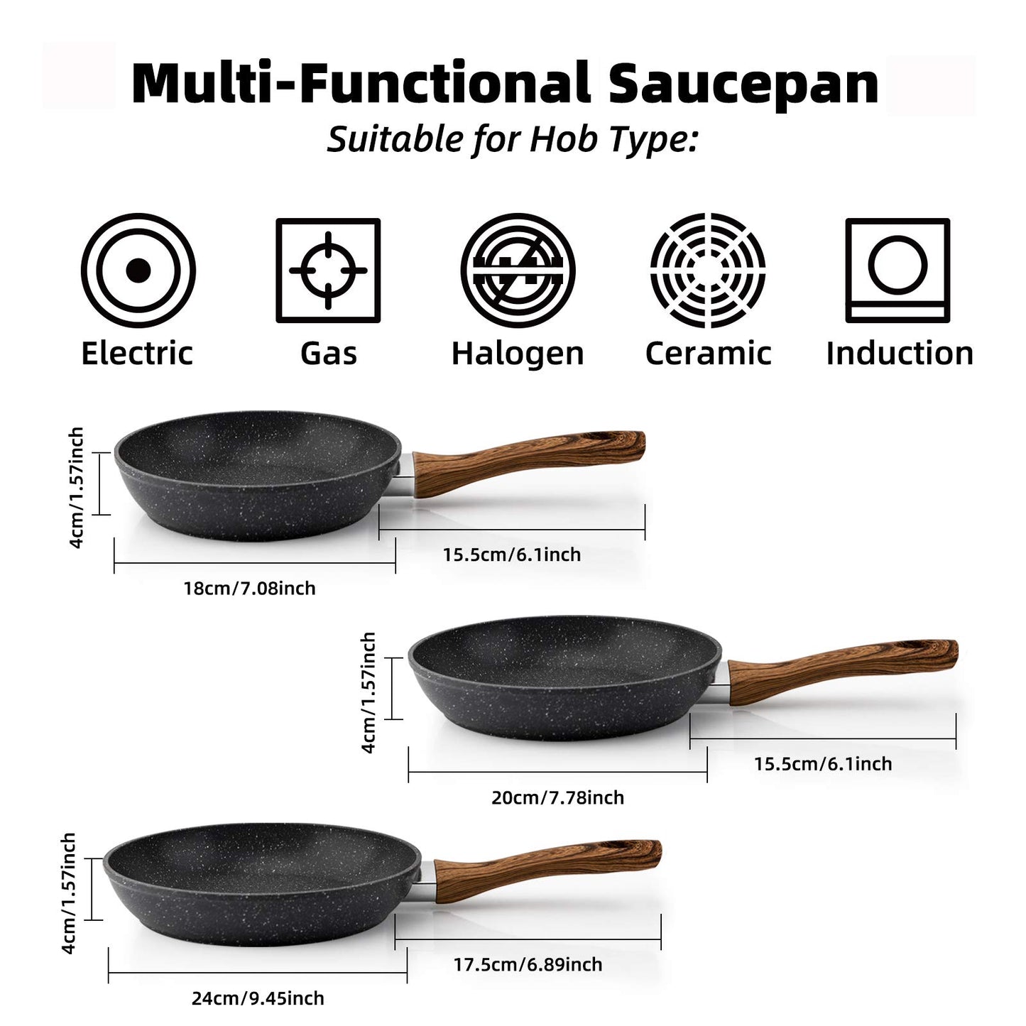 Ensemble de poêles à frire 3 pièces, casseroles antiadhésives, woks, batterie de cuisine, conception ergonomique résistante à la chaleur, poignée en bakélite effet bois, sans PFOA