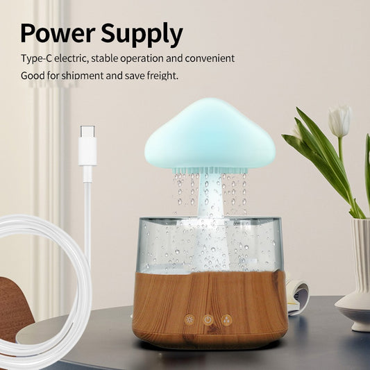 Humidificador ultrasónico de nube y lluvia, máquina de aromaterapia con luz de siete colores, grano de madera