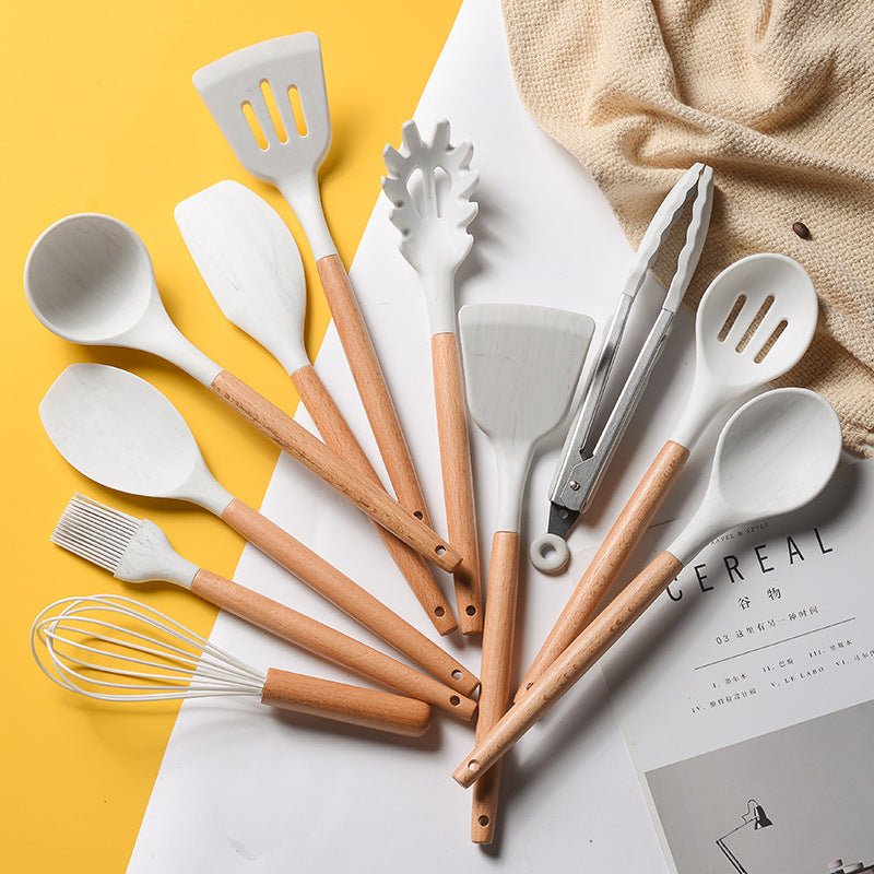 Ensemble d'ustensiles de cuisine en silicone avec manche en bois blanc marbré